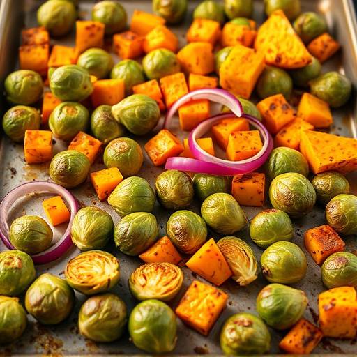 A baking sheet of colorful roasted vegetables including Brussels sprouts, butternut squash, and red onion