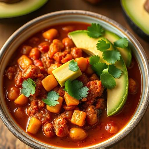 A bowl of hearty vegan chili garnished with cilantro and avocado slices