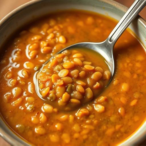 A bowl of warm lentil soup with a spoon, showing the thick, hearty texture