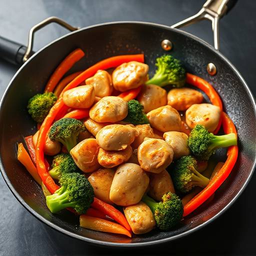 A colorful chicken stir-fry with broccoli, carrots, and bell peppers in a wok