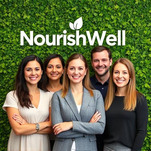 A group photo of the NourishWell team, smiling and standing in front of a green wall with the NourishWell logo.