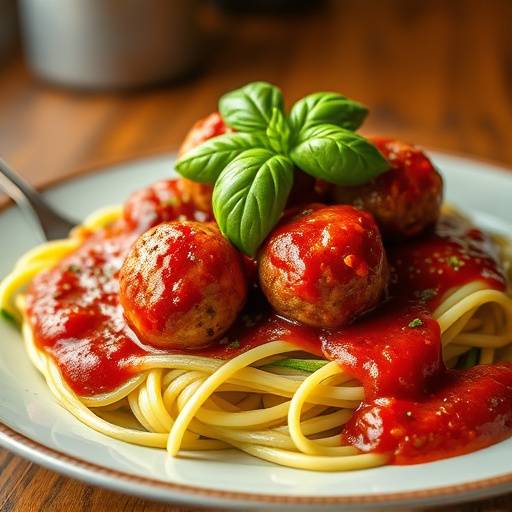 A plate of baked turkey meatballs with zucchini noodles and marinara sauce, garnished with basil