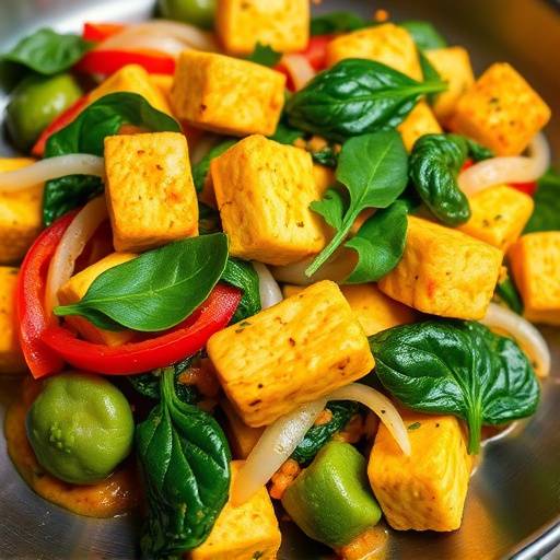A plate of tofu scramble with bell peppers, onions, and spinach, sprinkled with turmeric