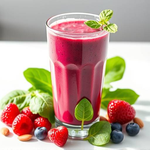 A vibrant mixed berry smoothie in a glass with spinach leaves and almond milk in the background