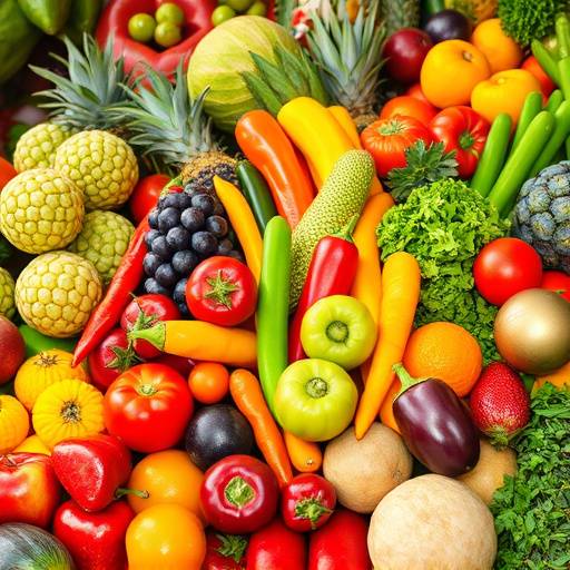 Arrangement of various colorful fruits and vegetables spread out to fill the image frame.