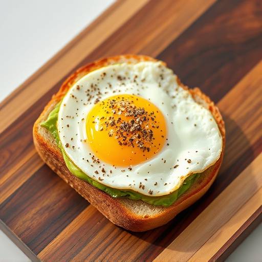 Avocado toast topped with everything bagel seasoning and a fried egg on a wooden board