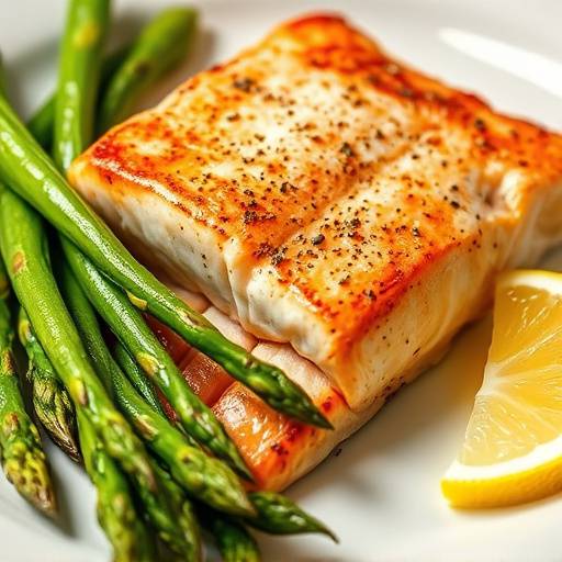 Close-up of pan-seared salmon fillet with asparagus and a lemon wedge on a white plate