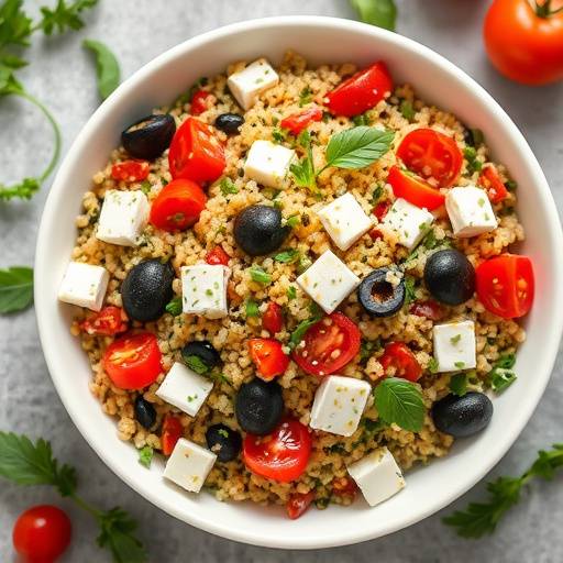Overhead shot of a colorful quinoa salad with feta cheese, olives, tomatoes, and herbs in a white bowl