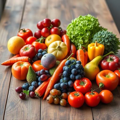 Selection of colorful fruits and vegetables arranged beautifully on a wooden table